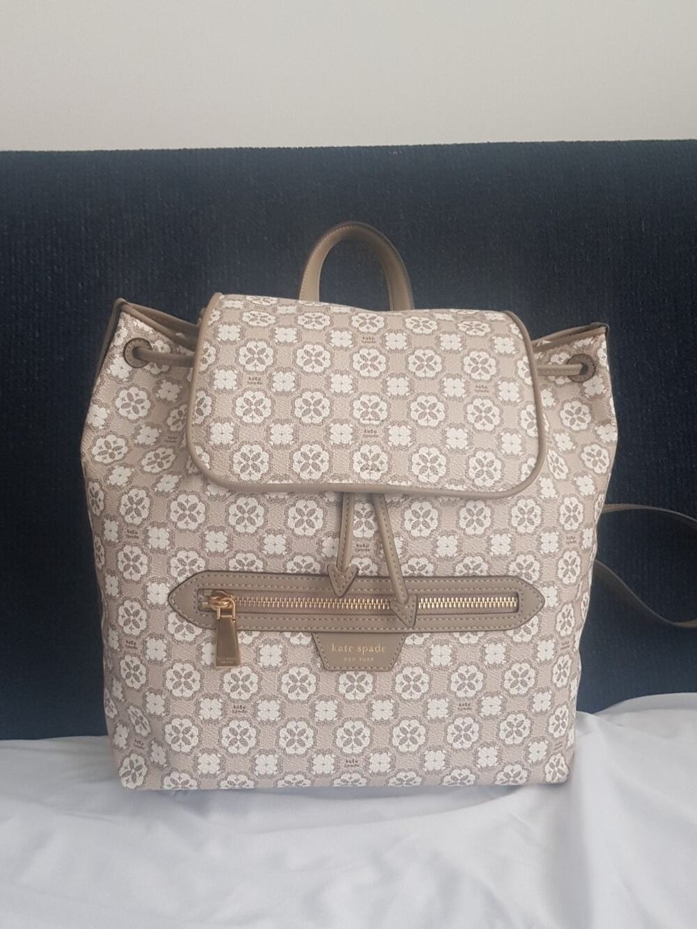 Kate Spade Flower Monogram Mia Flap Backpack NWT Natural MU Taupe White $348